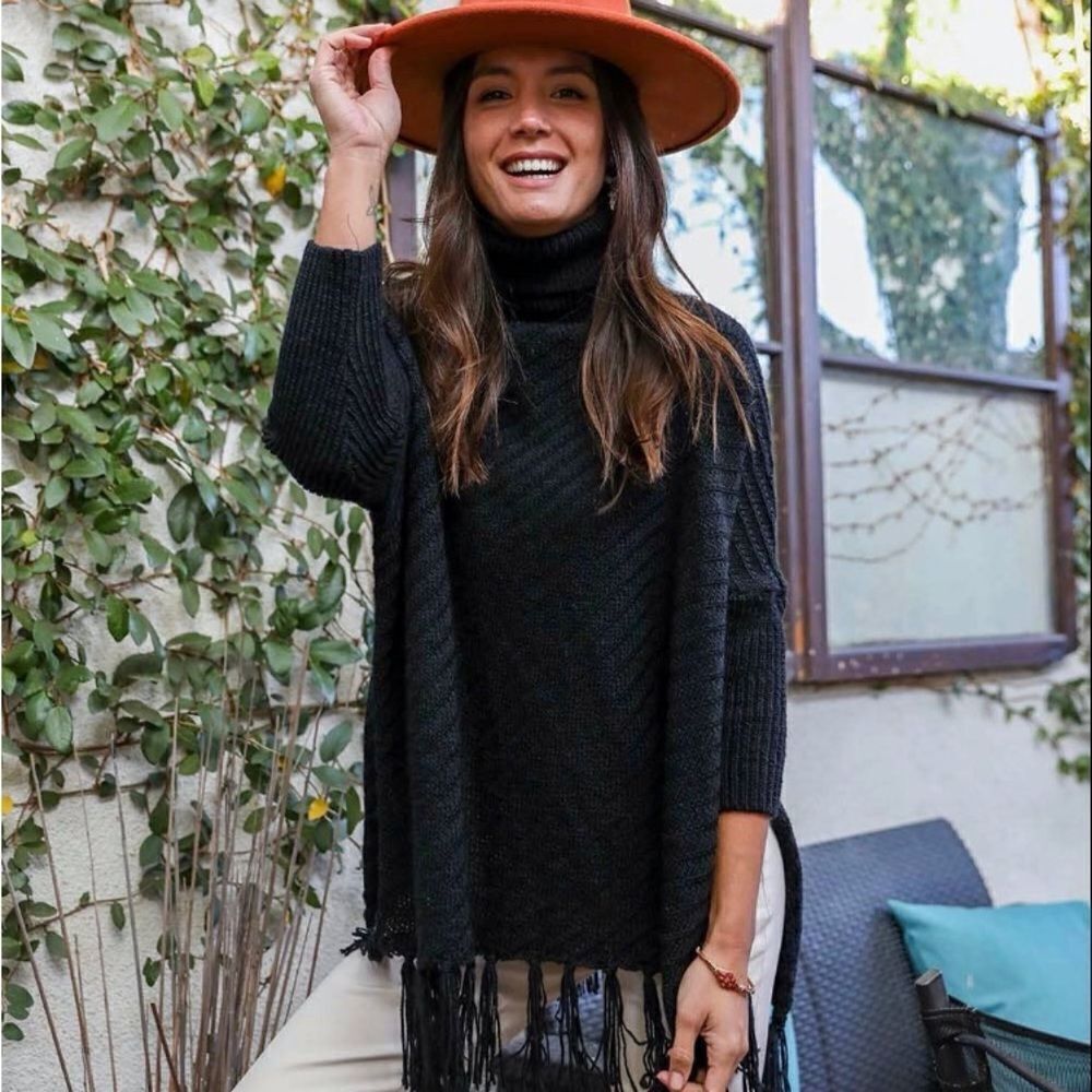 Black Poncho with Roll Neck and Sleeves